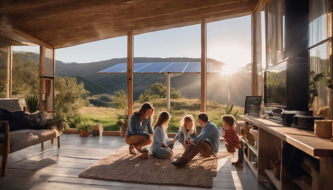 A family in their solar-powered home surrounded by panels.