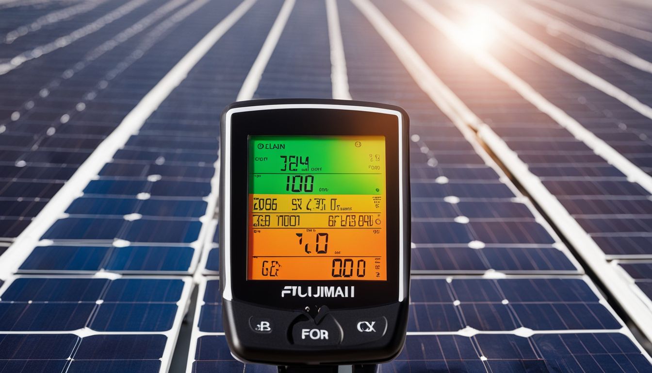 A solar power meter displayed against a backdrop of solar panels.