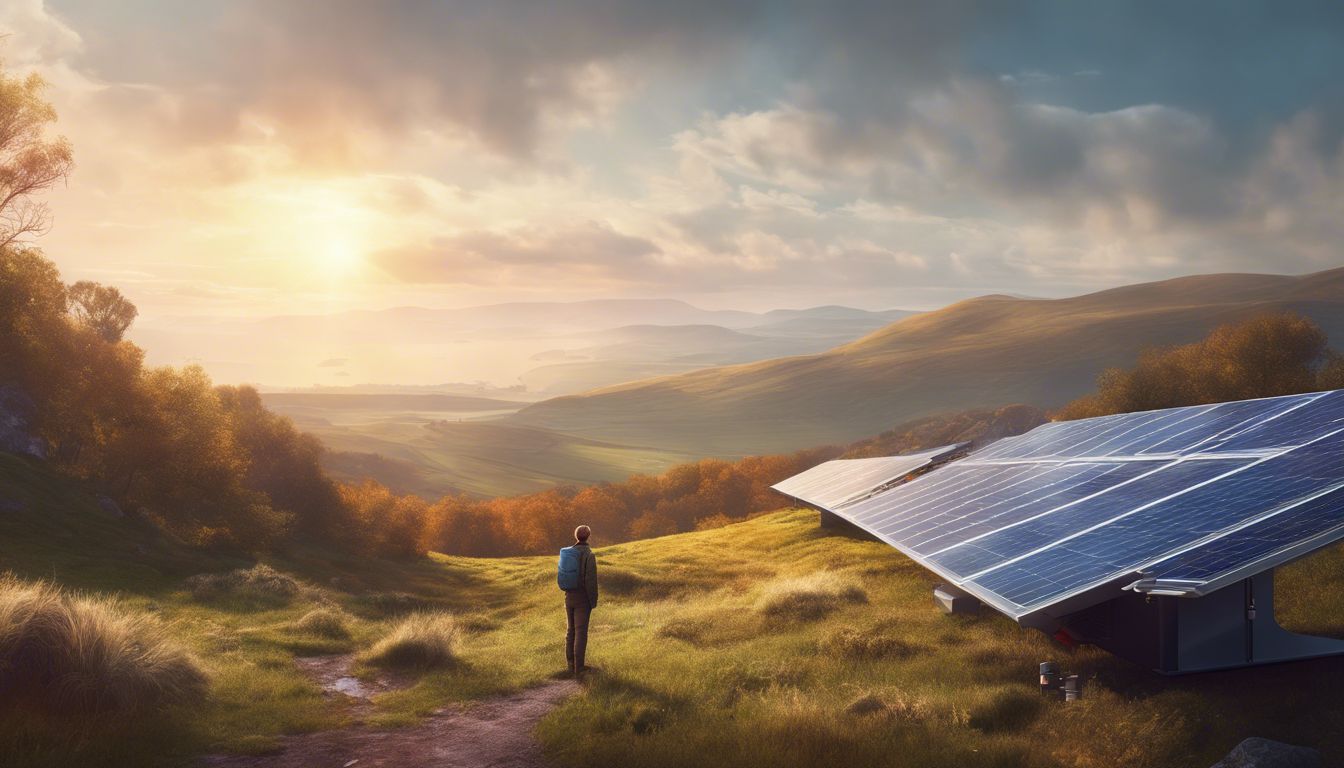A person standing next to a solar panel and battery storage in a natural landscape.